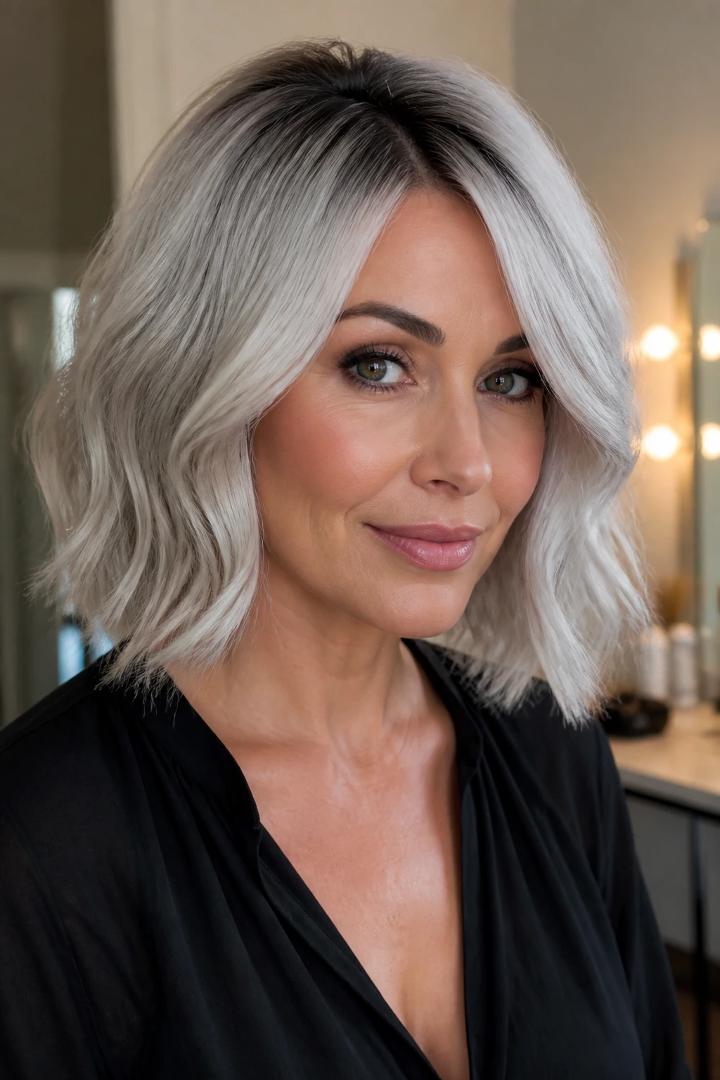 Close-up of a real person wearing a rooted silver wig showing crown-root depth.