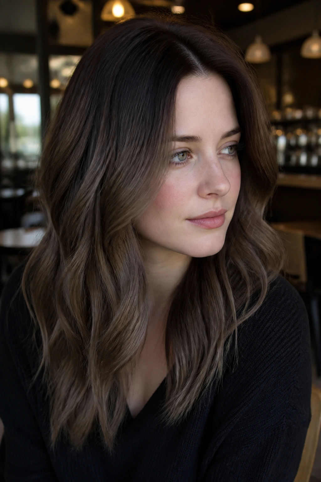 Real woman with rooted smoky brunette melt hair
