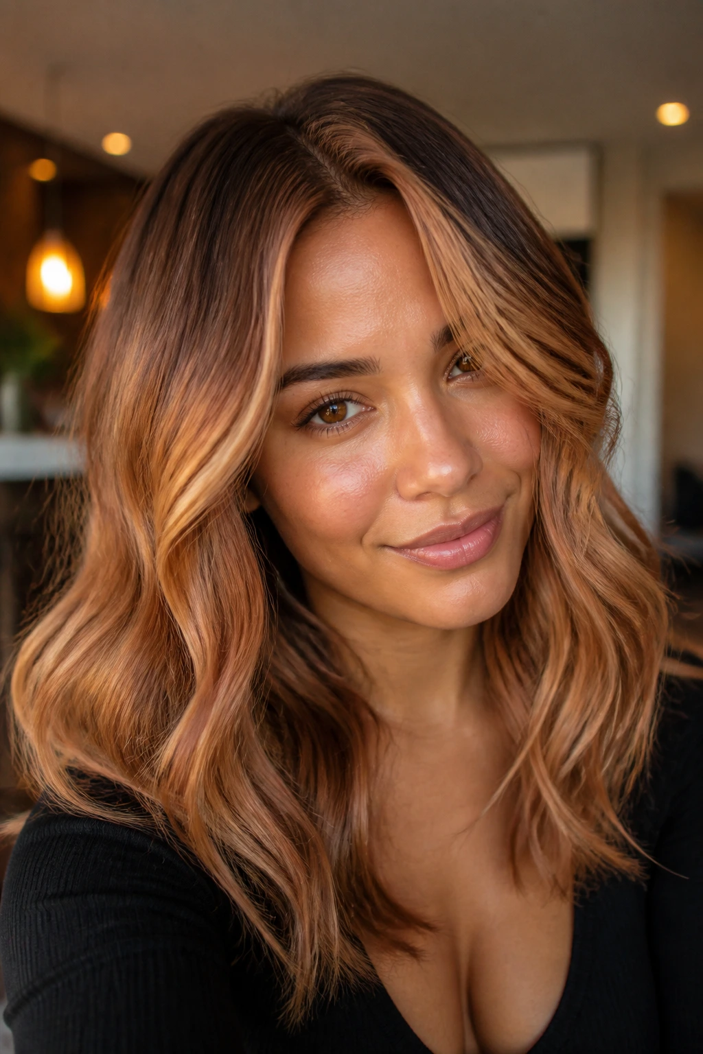 Close-up of a real woman with rooted strawberry balayage and crown depth