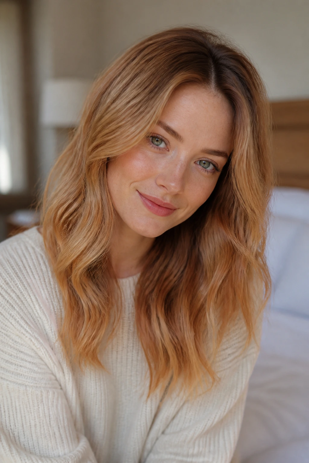 Close-up portrait of a real woman with rooted strawberry blonde hair in soft waves, natural warm light.