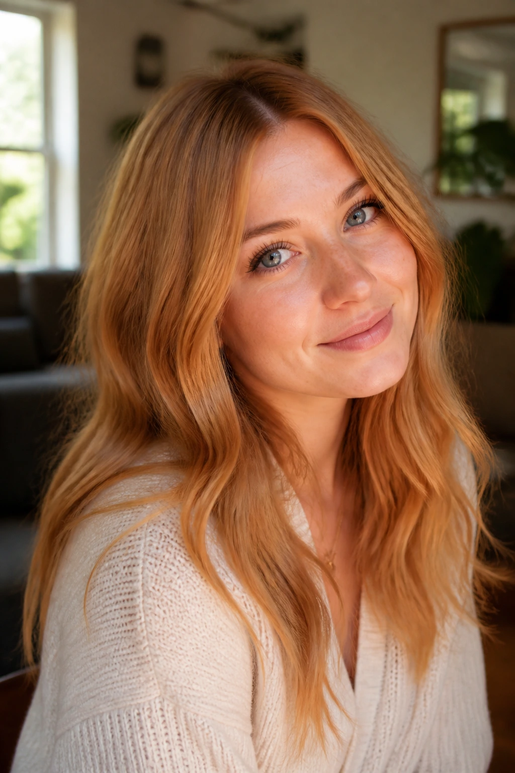 Close-up of a person with rooted strawberry blonde hair in warm home lighting