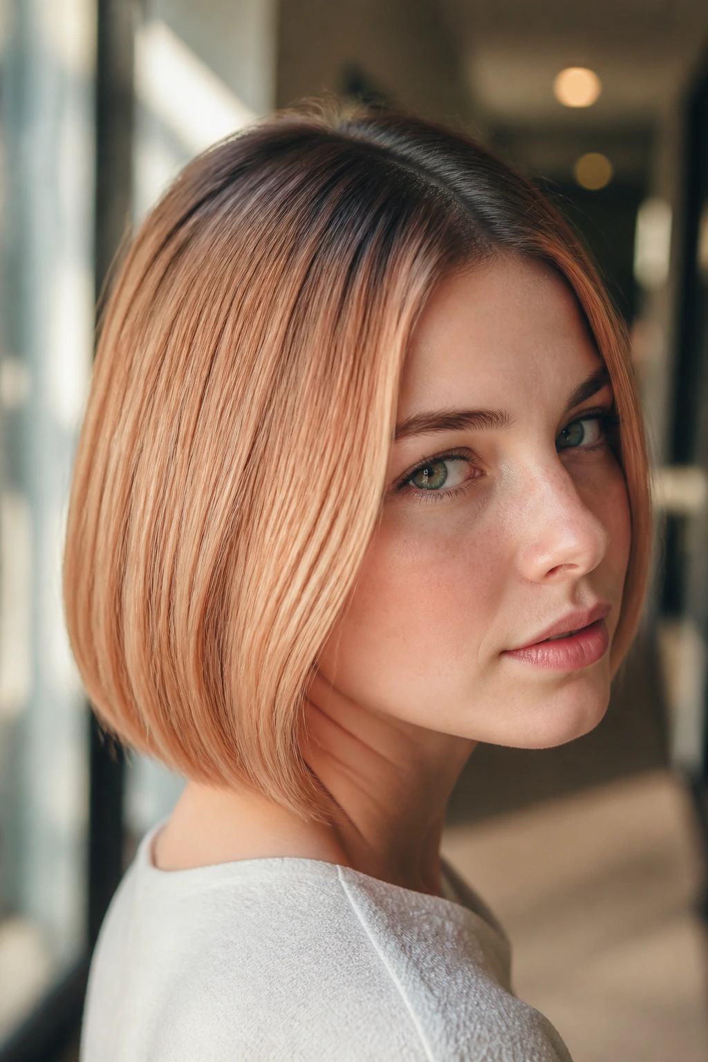 Real person with rooted strawberry blonde bob and a darker base at the roots.