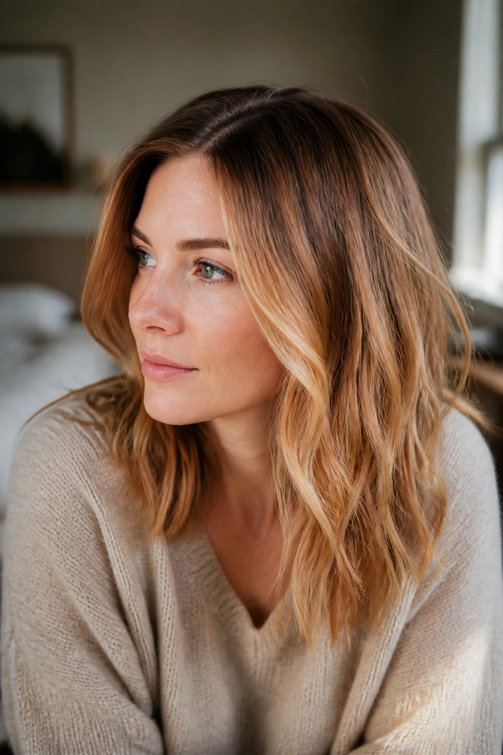 Medium close-up of a woman with rooted strawberry blonde melt showing darker roots blending into strawberry blonde