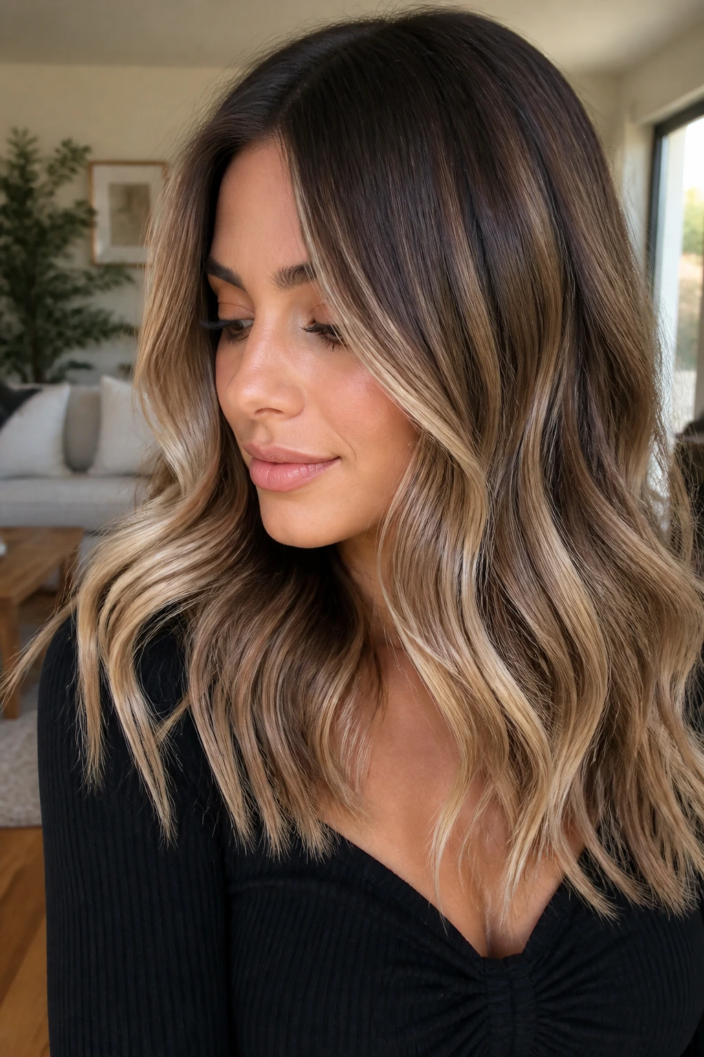 Close-up portrait of a real woman with darker roots and vanilla balayage starting mid-lengths