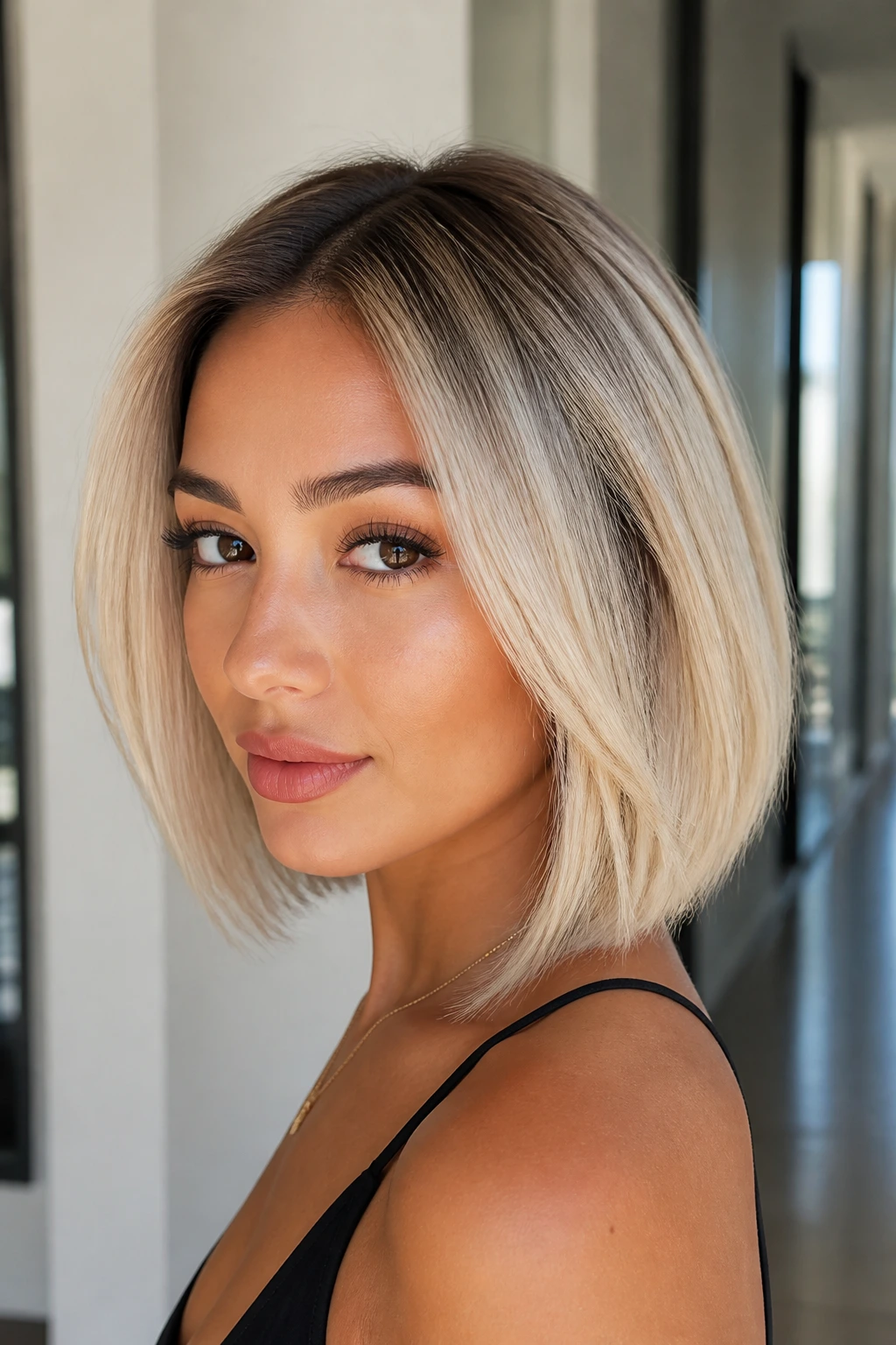 Close-up of a person with rooted vanilla blonde bob and soft shadow root in bright home light