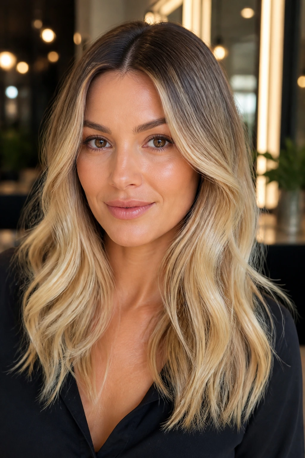 Brunette with rooted vanilla blonde hair in a clean salon setting