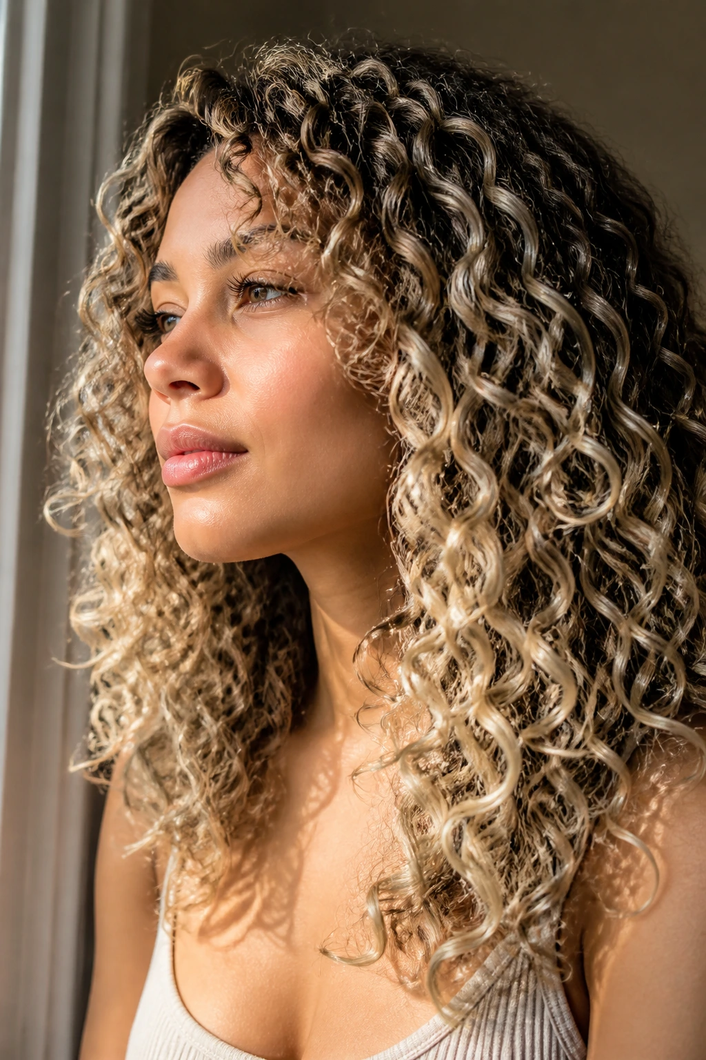 Rooted vanilla blonde on dark curls with visible root shadow