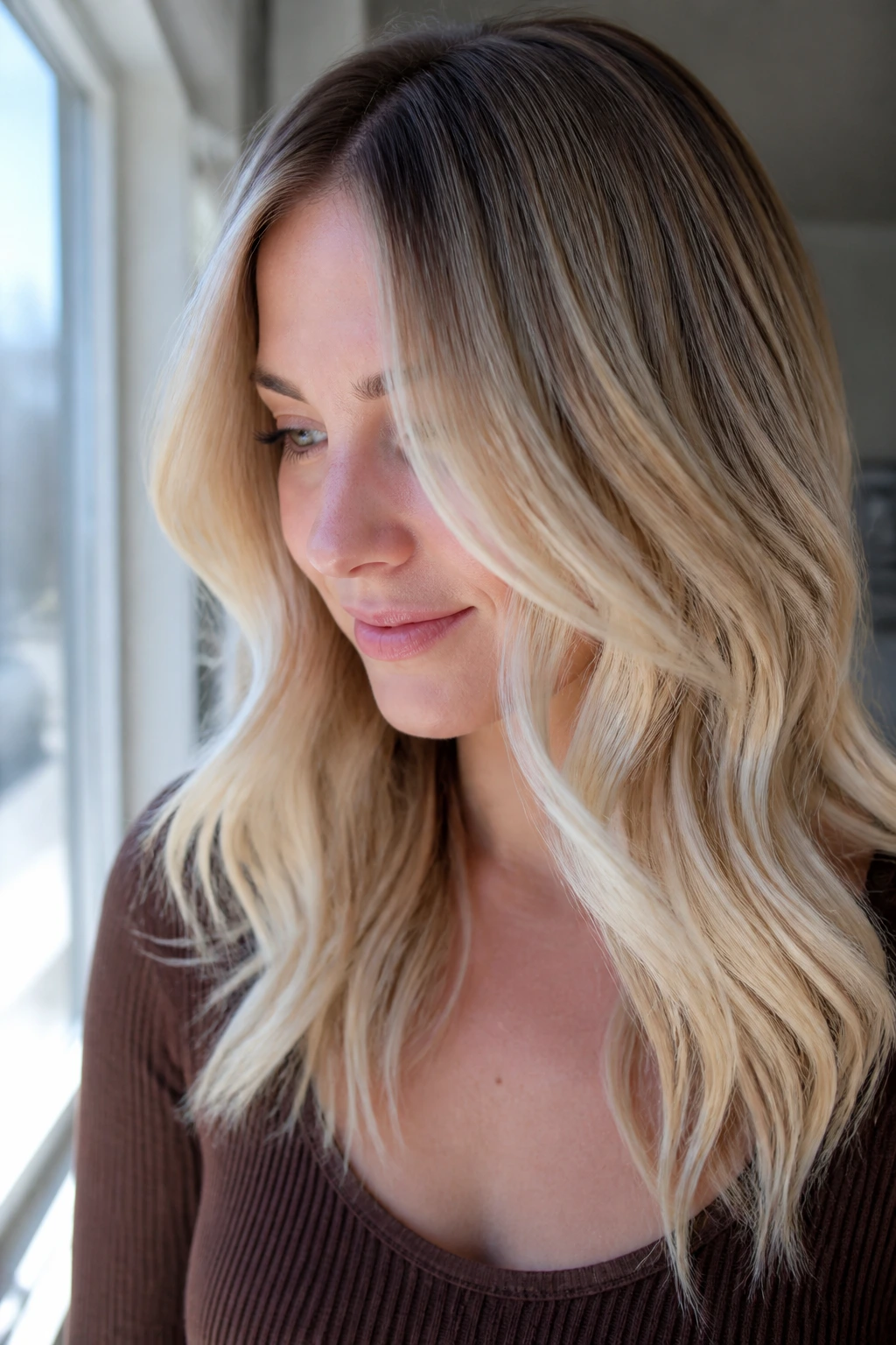 Real person with rooted vanilla blonde hair in soft natural light setting