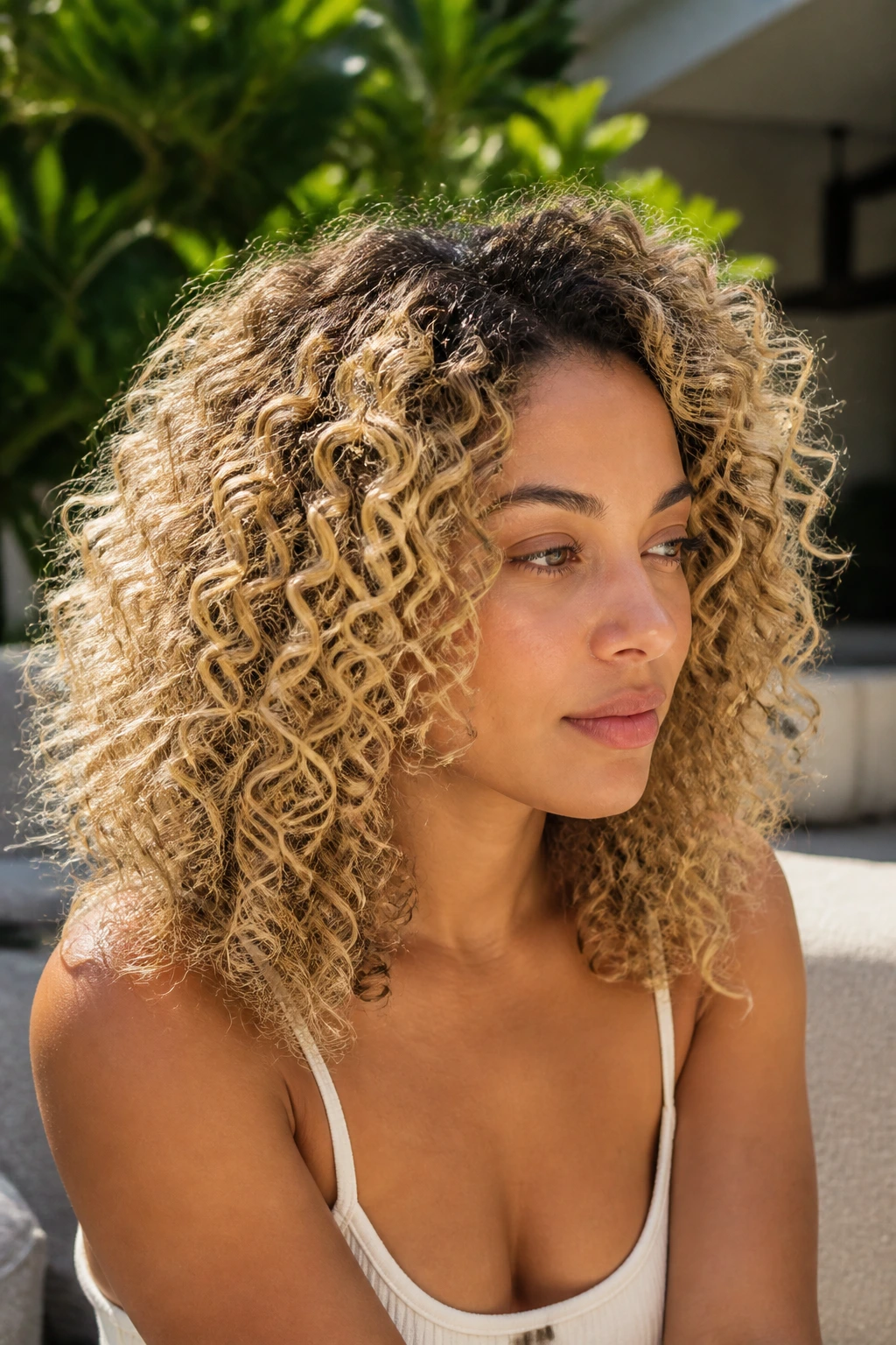 Close-up portrait of a real woman with rooted vanilla curls and vanilla blonde.
