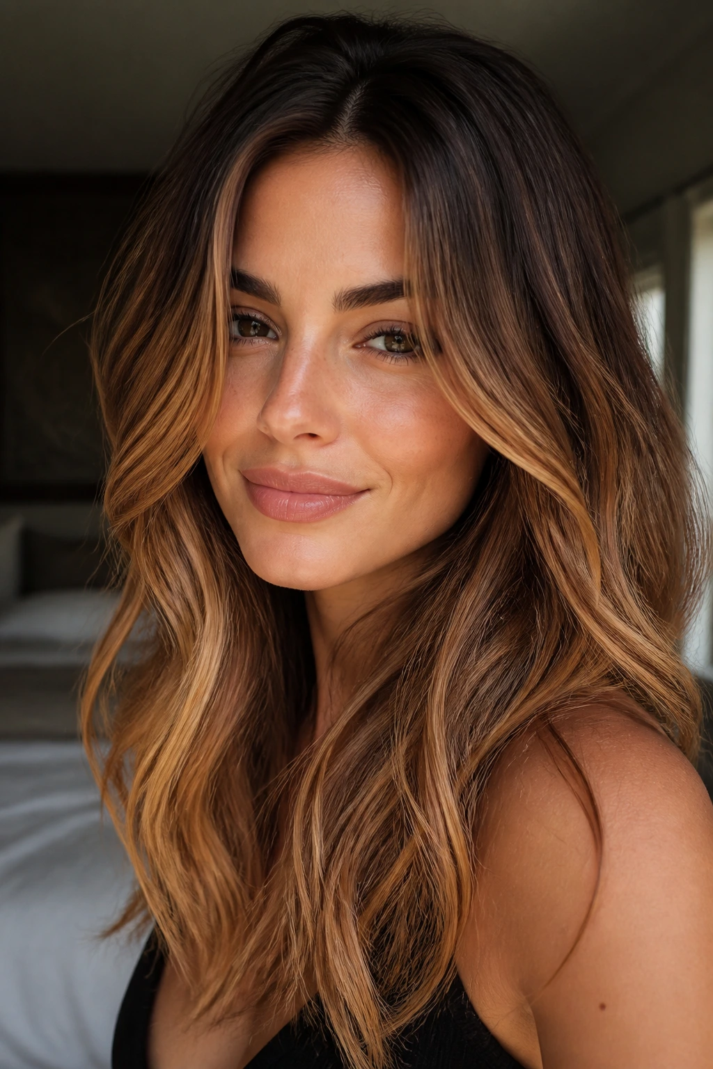 Close-up of a real woman with rooted whiskey shadow hair color, dark roots and caramel mid-lengths.