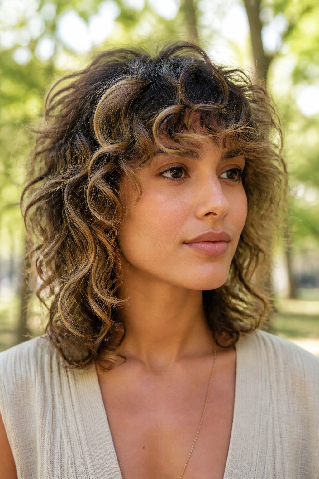Real woman with a tapered shag and rooty babylights.