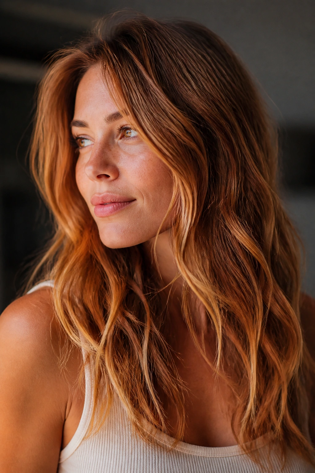 Close-up of a real woman with rooty balayage in dark strawberry blonde under warm light.