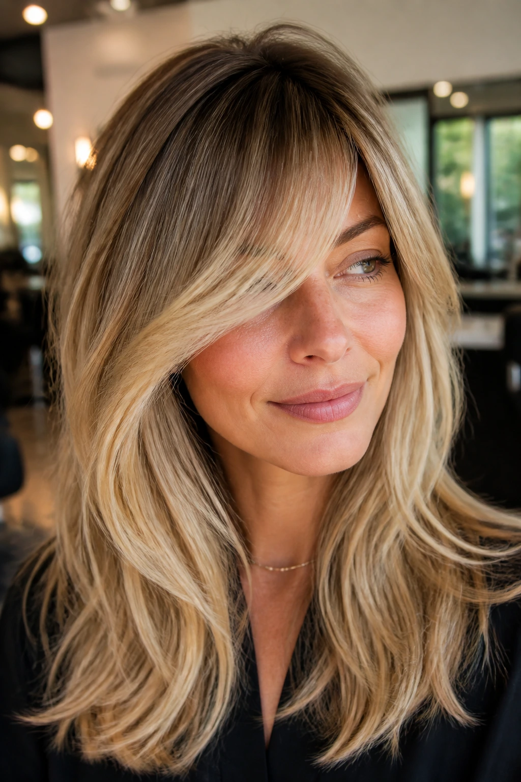 Close-up portrait of a real woman with rooty balayage and swoopy fringe