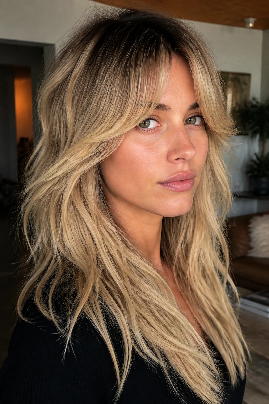 Close-up portrait of a real woman with rooty blonde shag and cheekbone fringe in warm indoor lighting.