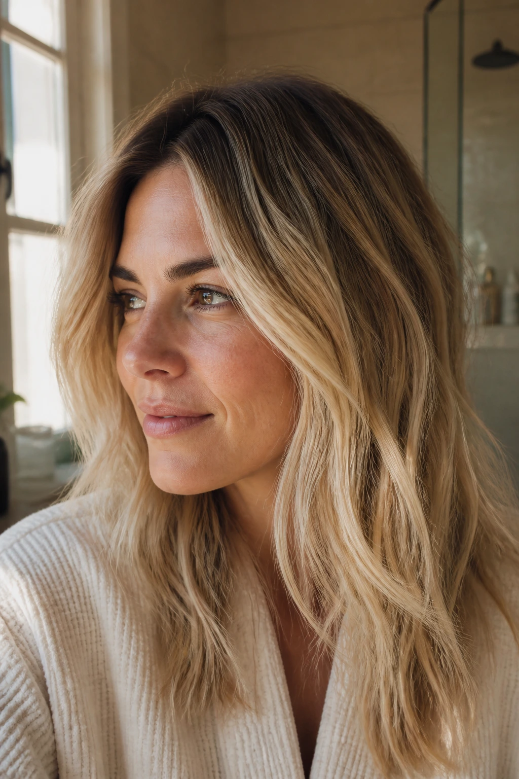 Portrait of brunette transitioning to butter blonde with natural roots