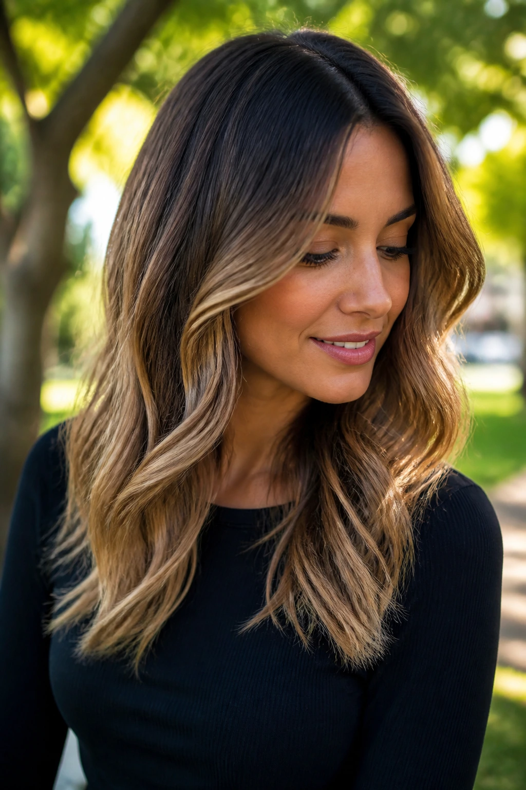 Medium close-up of real woman with rooty butterscotch long layers in a park