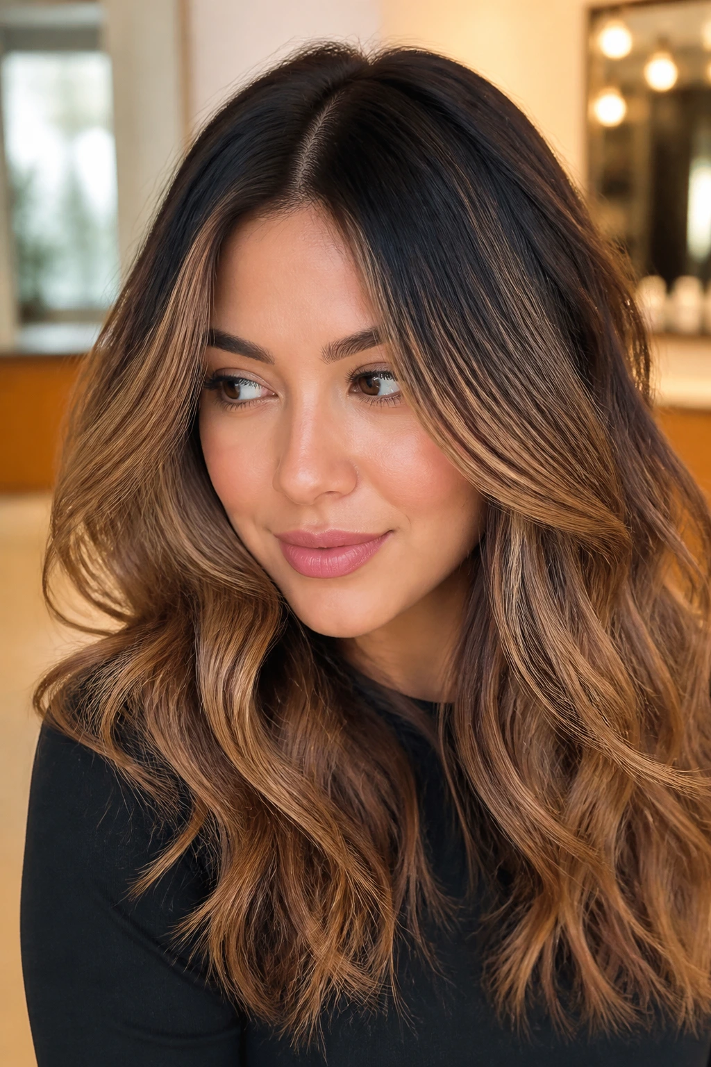 Close-up of a real woman with rooty camel balayage highlighting mid-lengths in a warm salon