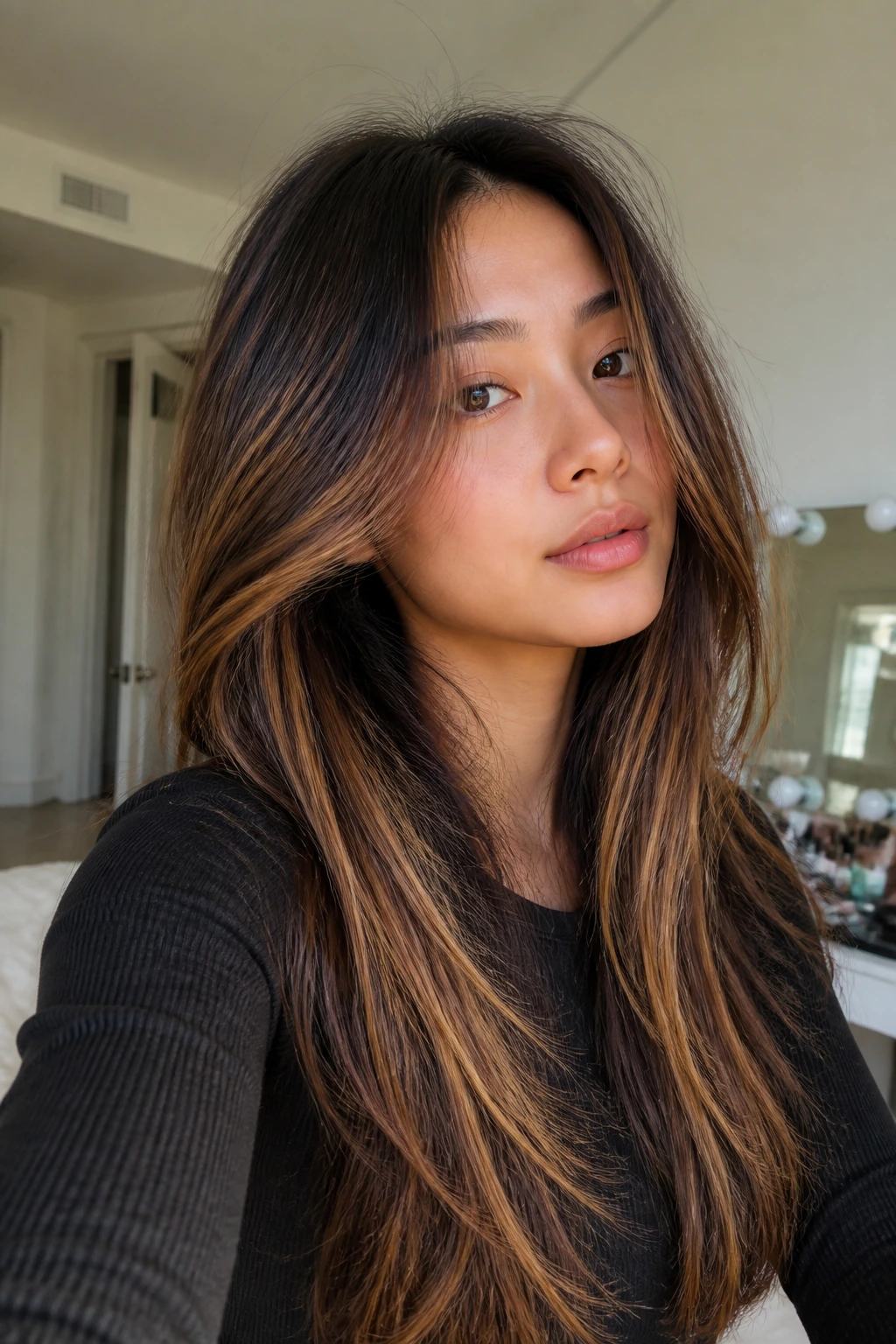 Real woman with rooted caramel layers and caramel ribbons in natural daylight