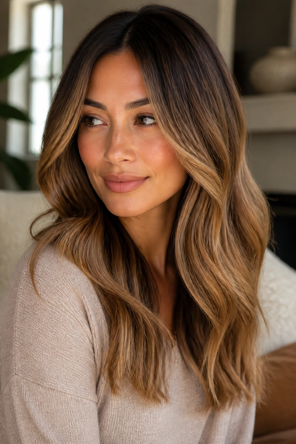 Close-up of real woman with root shadow blending into caramel mid-lengths