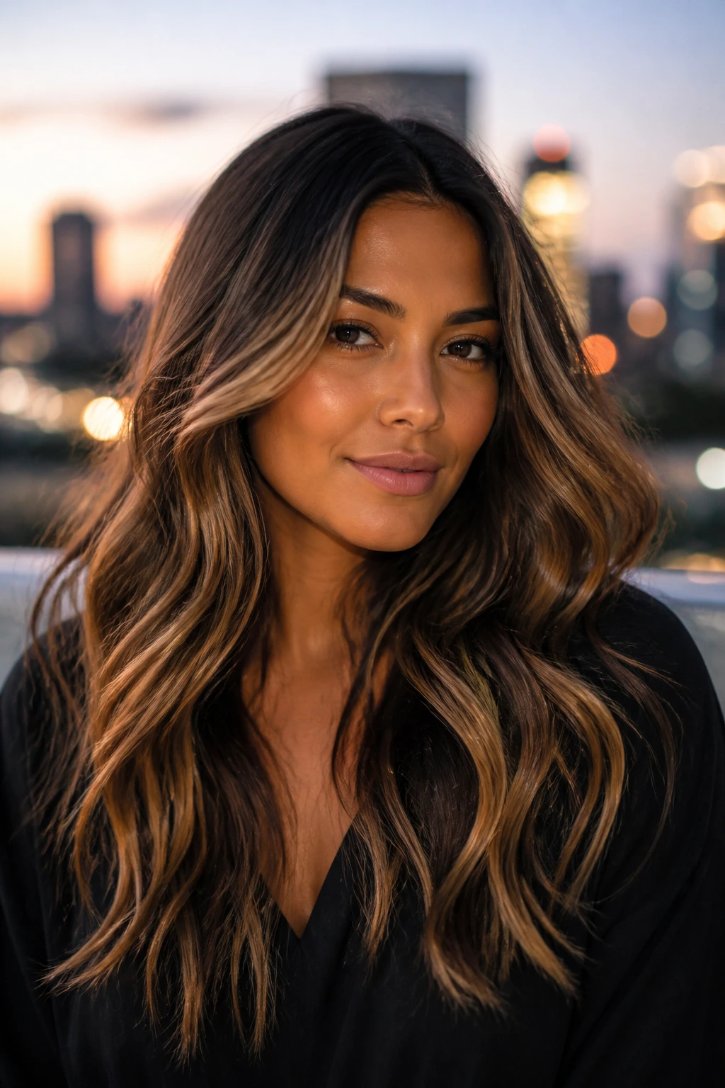 Long-wavy hair with root shadow and caramel ribbons swirling through the mid-lengths.