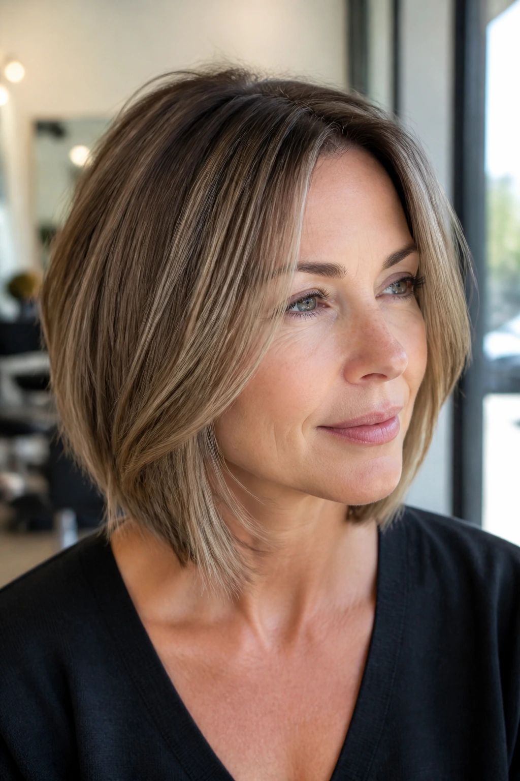 Close-up of real woman with Rooty Dimension Bob for Fine Hair showing rooty lowlights