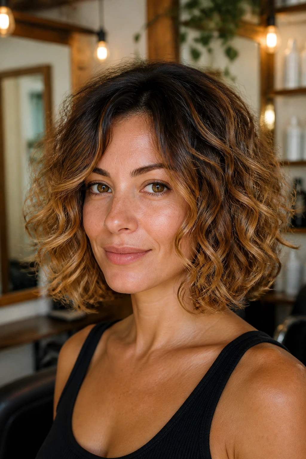 Medium close-up of a real woman with a rooty grow-out bob and caramel balayage.