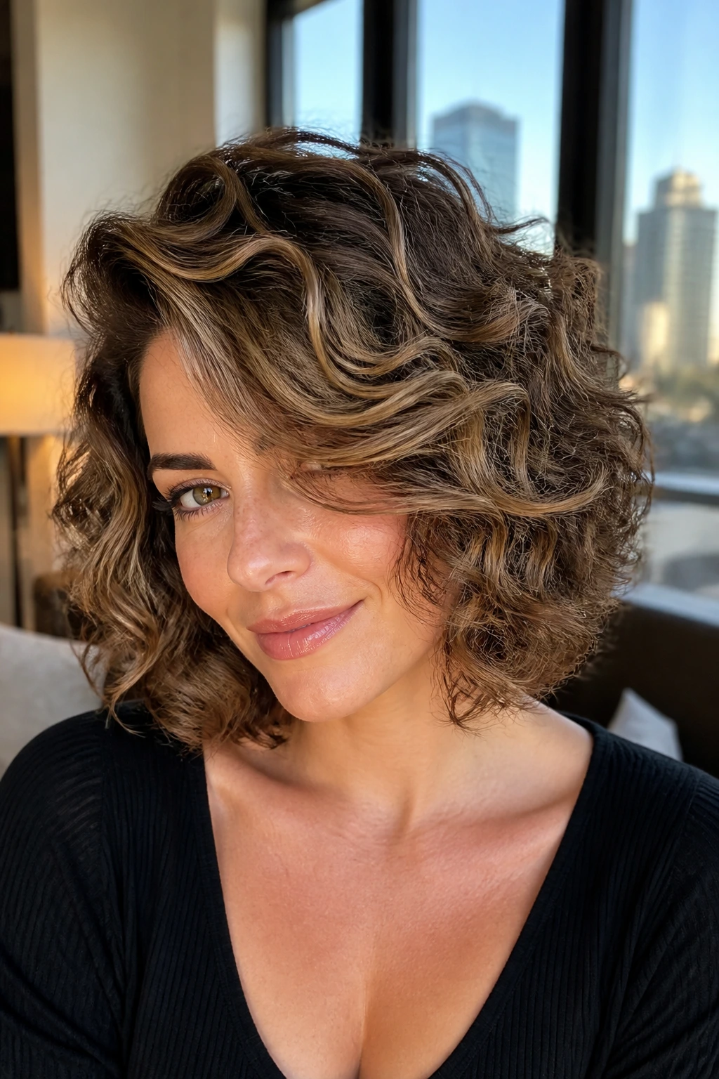 Close-up portrait of a real person with a swoopy curly bob and rooty lowlight melt