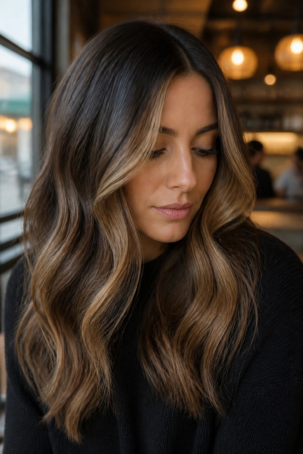 Rooty mocha balayage on brunette with subtle contrast