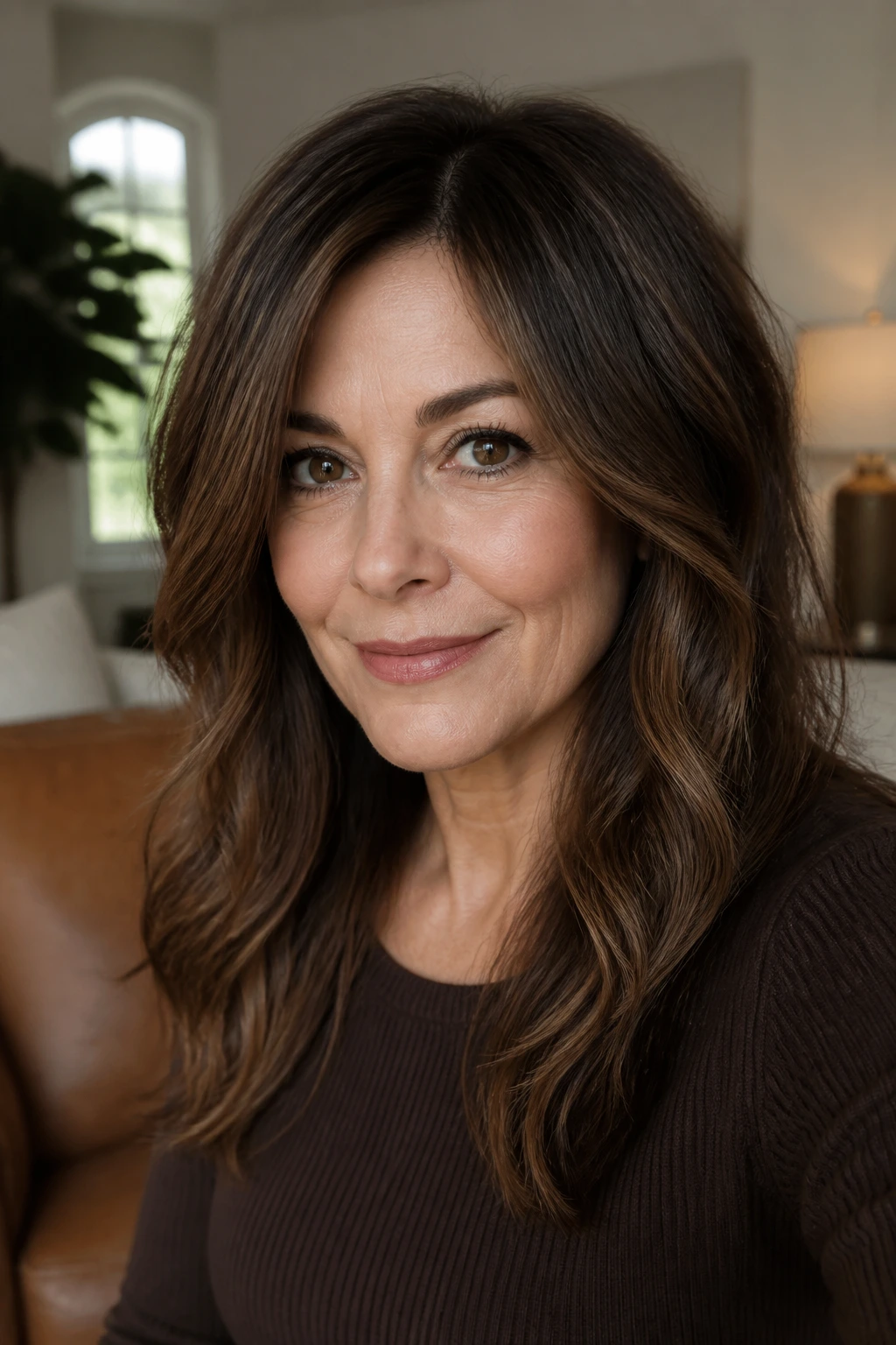 Real woman showing Rooty Mocha Shadow Lights with deep roots and lighter pieces below