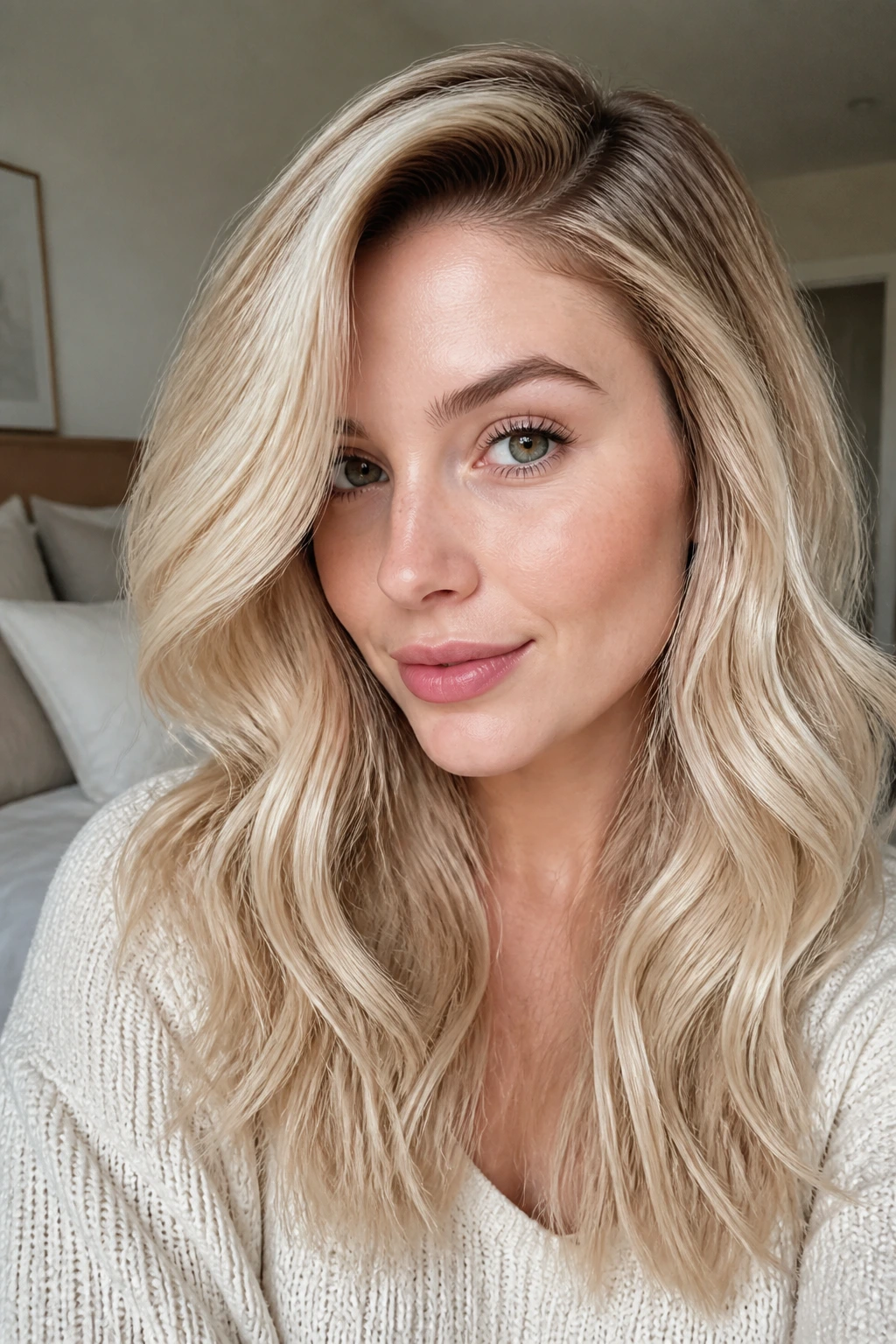 Close-up portrait of a woman with rooty vanilla blonde and deep side part