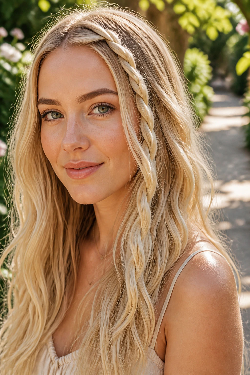 Real woman with rope-braid accent in pale blonde hair at front