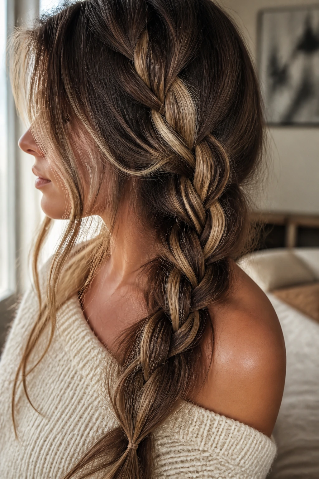 Brunette with loose rope braid showing dimension and blonde highlights in natural light