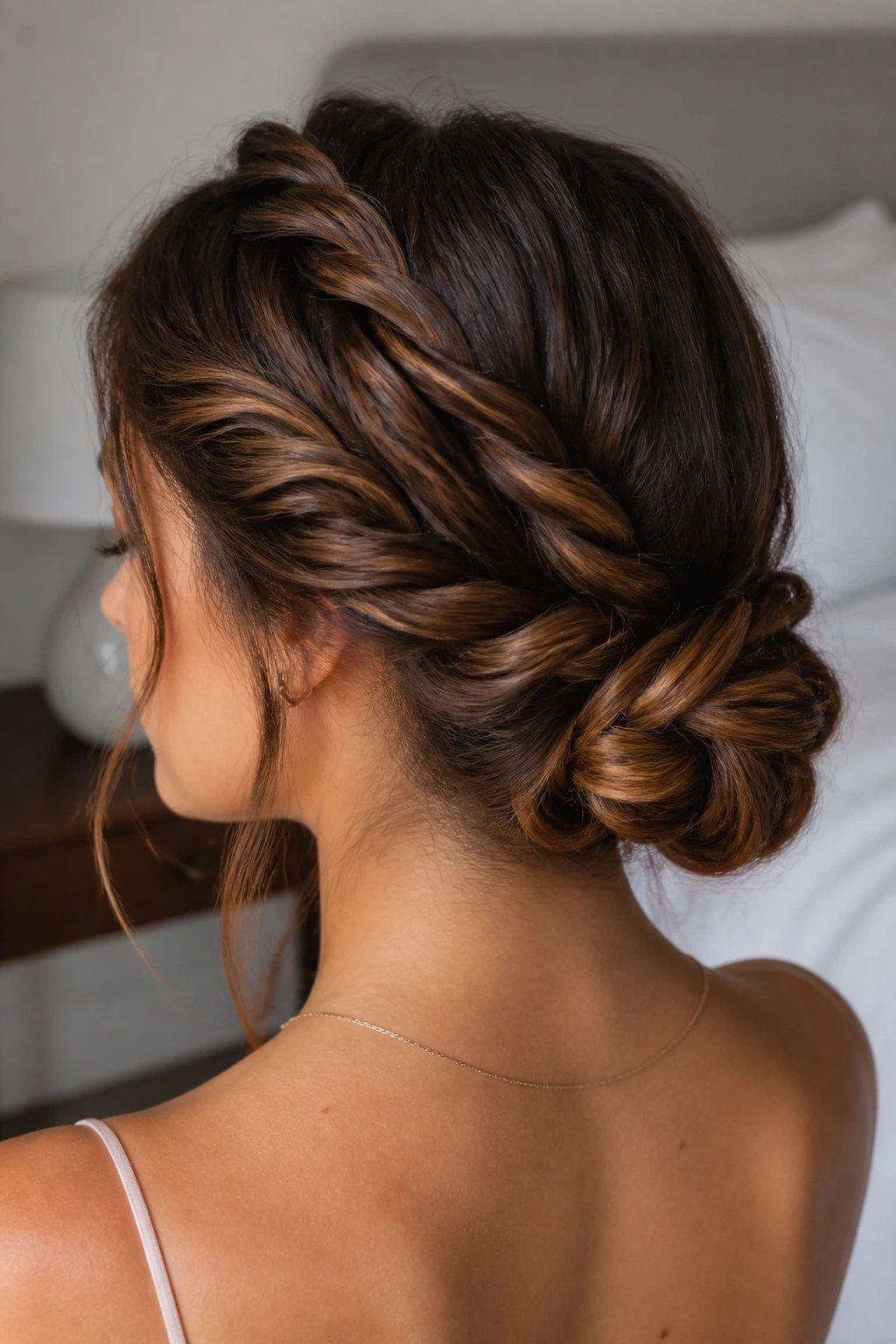 Close-up of a real woman wearing a rope-braid bun at the nape