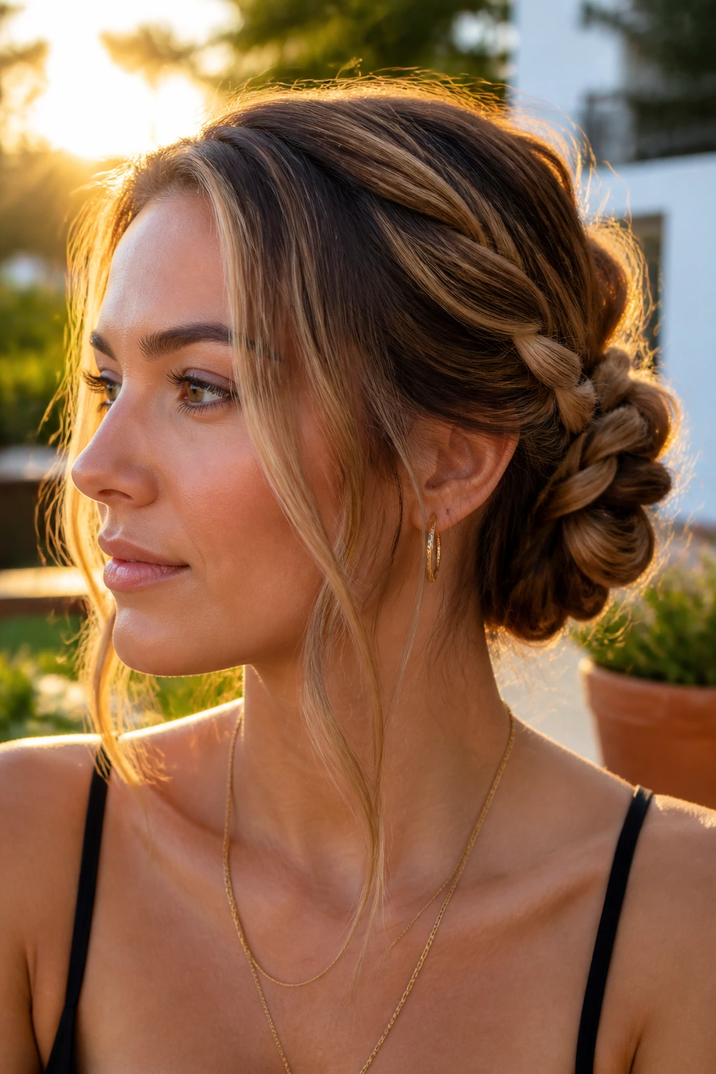 Close-up of Rope-Braid Bun hairstyle on a real person with highlighted front strands