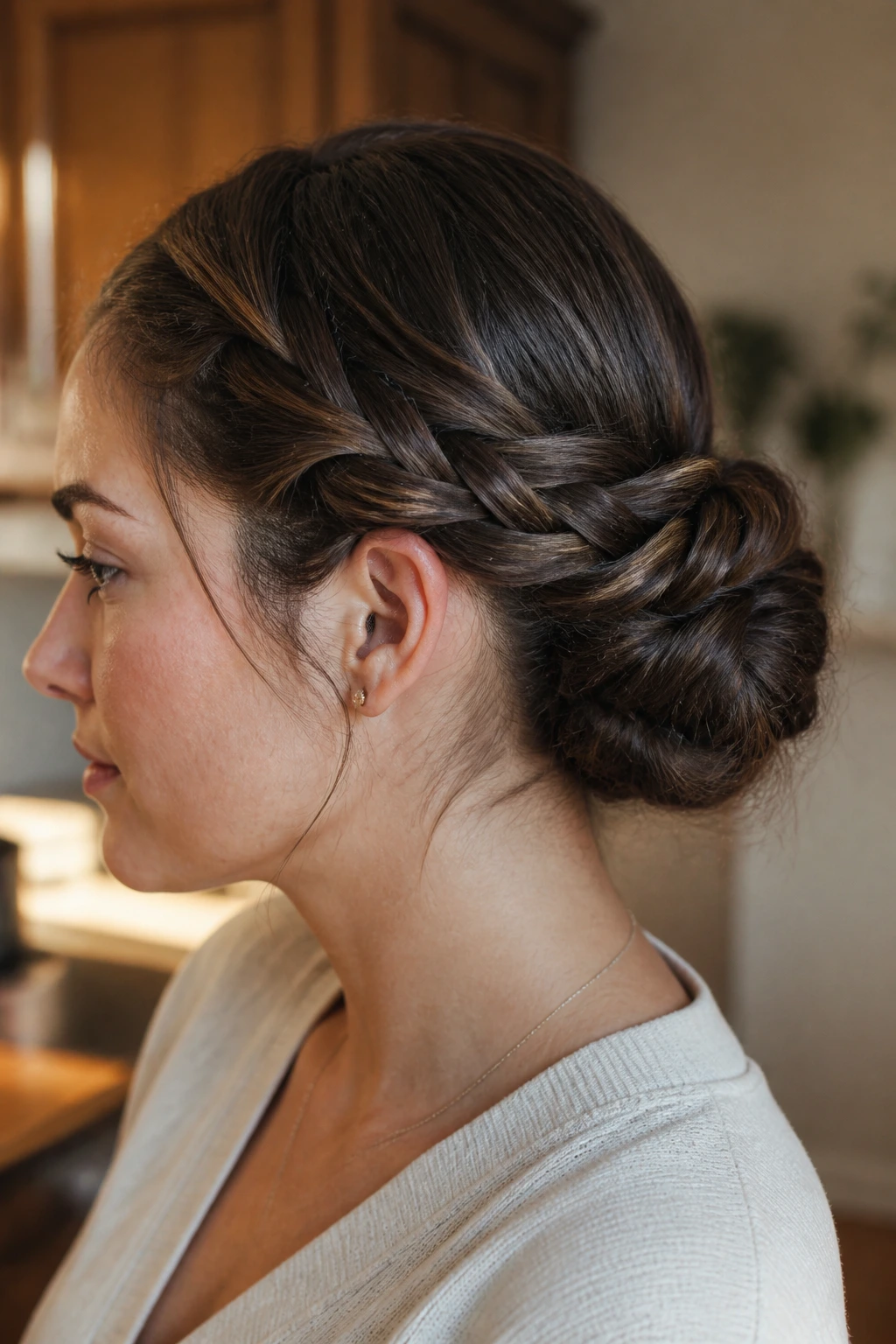 Close-up of a real woman with a tucked rope braid bun