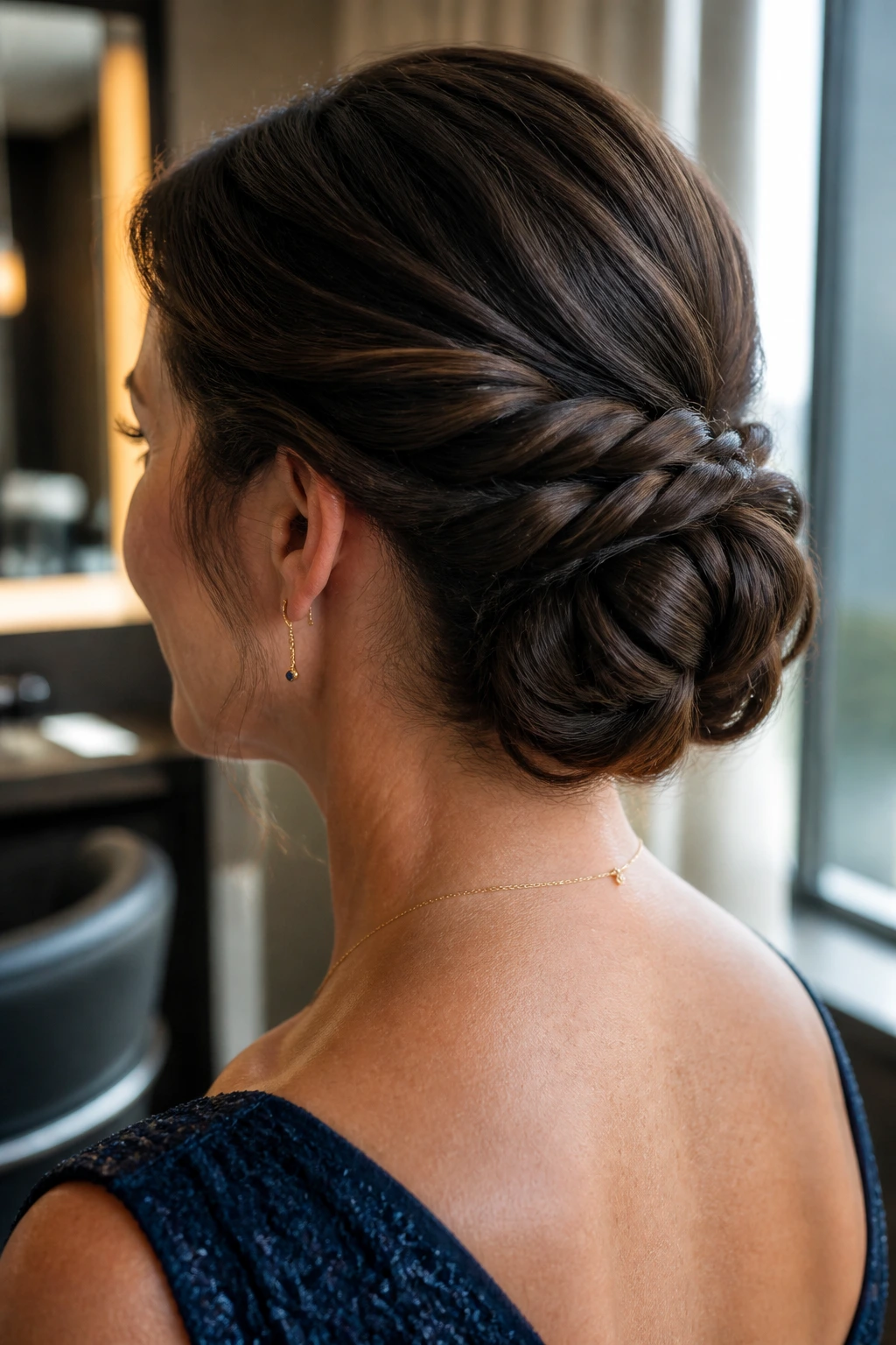Close-up of rope-braid bun on a real woman in a hotel salon