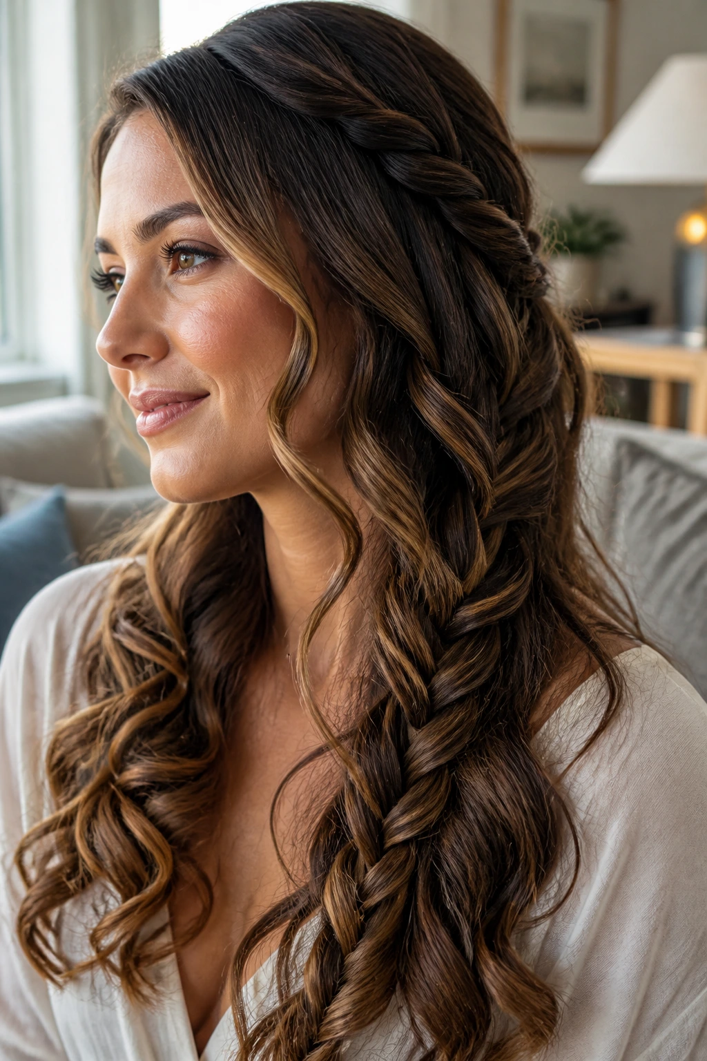 Close-up of a real woman with a Rope Braid Cascade over the shoulder and curls below.