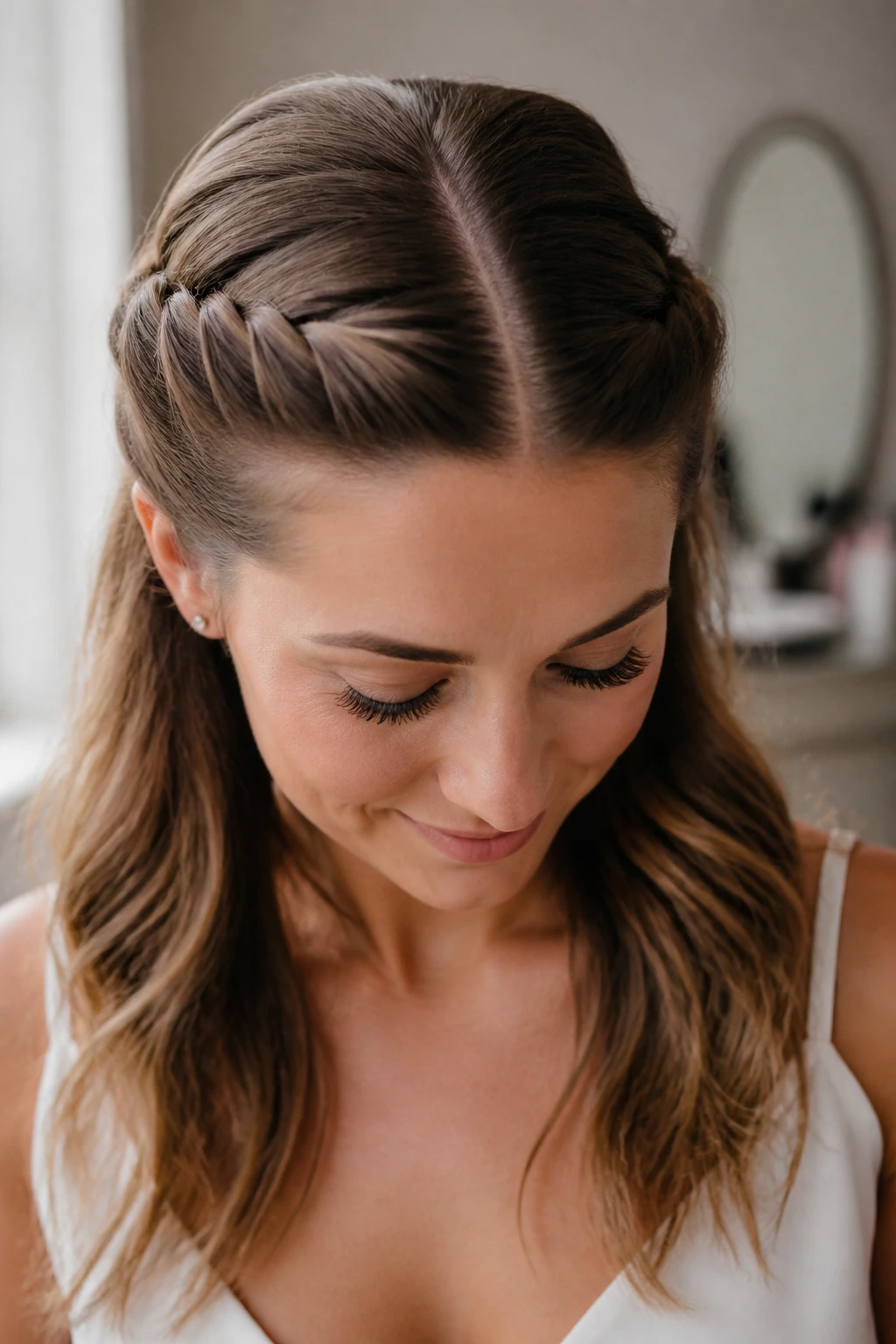Portrait of a real woman with rope braids and a center part half-up hairstyle