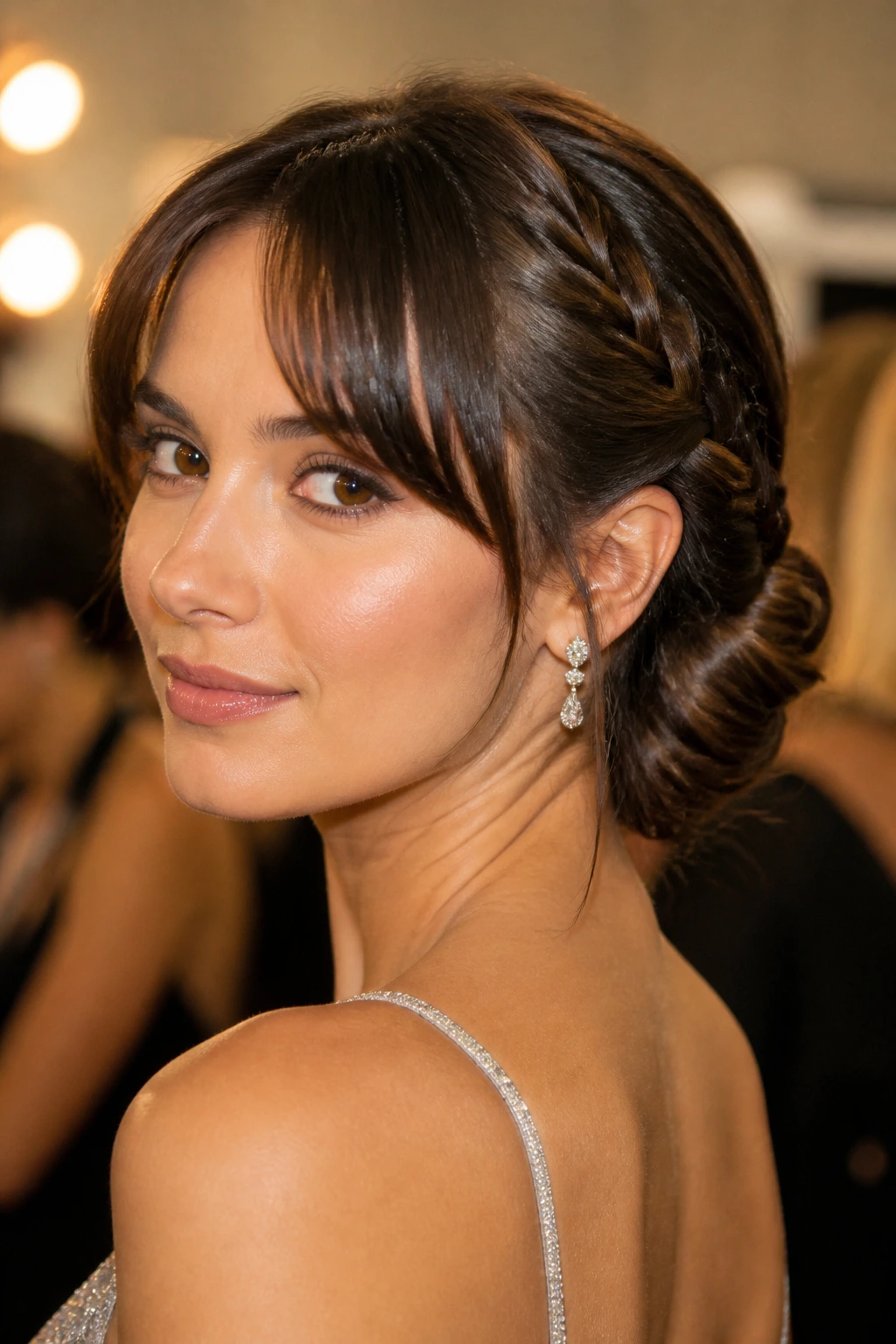 Rope braid chignon hairstyle on real person with curtain bangs