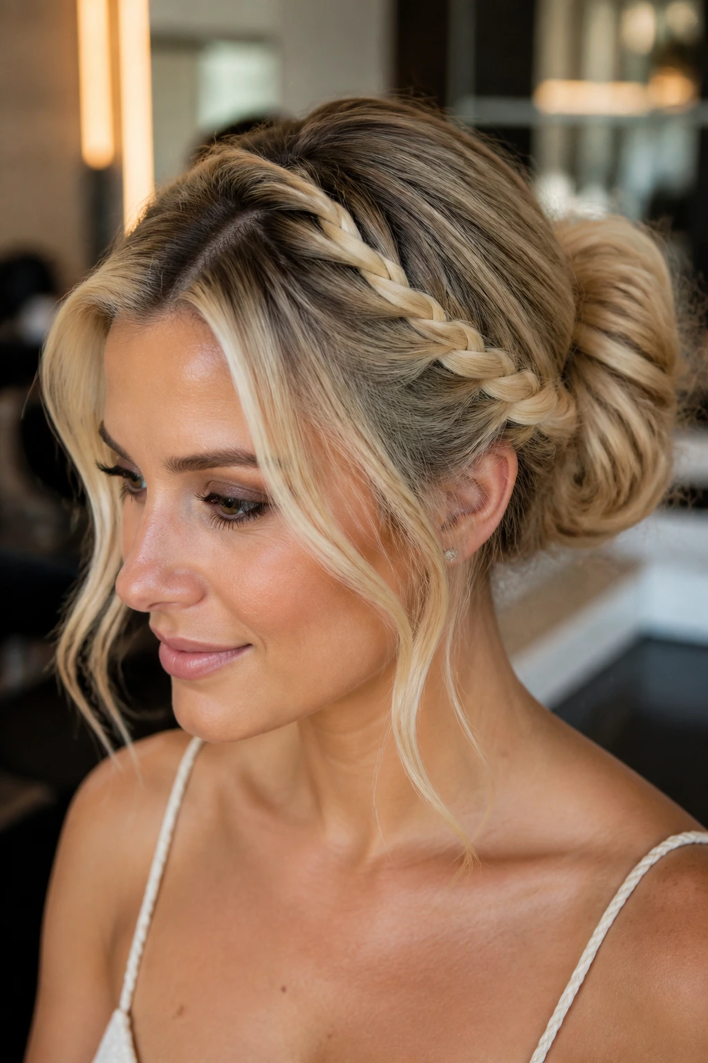 Close-up of a real woman's head wearing a rope-braid crown bun with a clean part