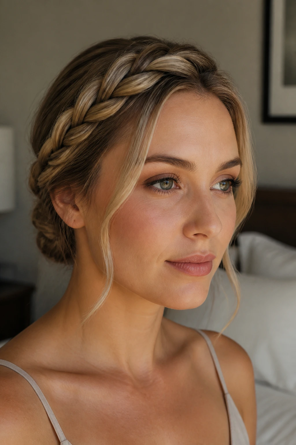 Close-up of a woman wearing rope-braid crown and low knot