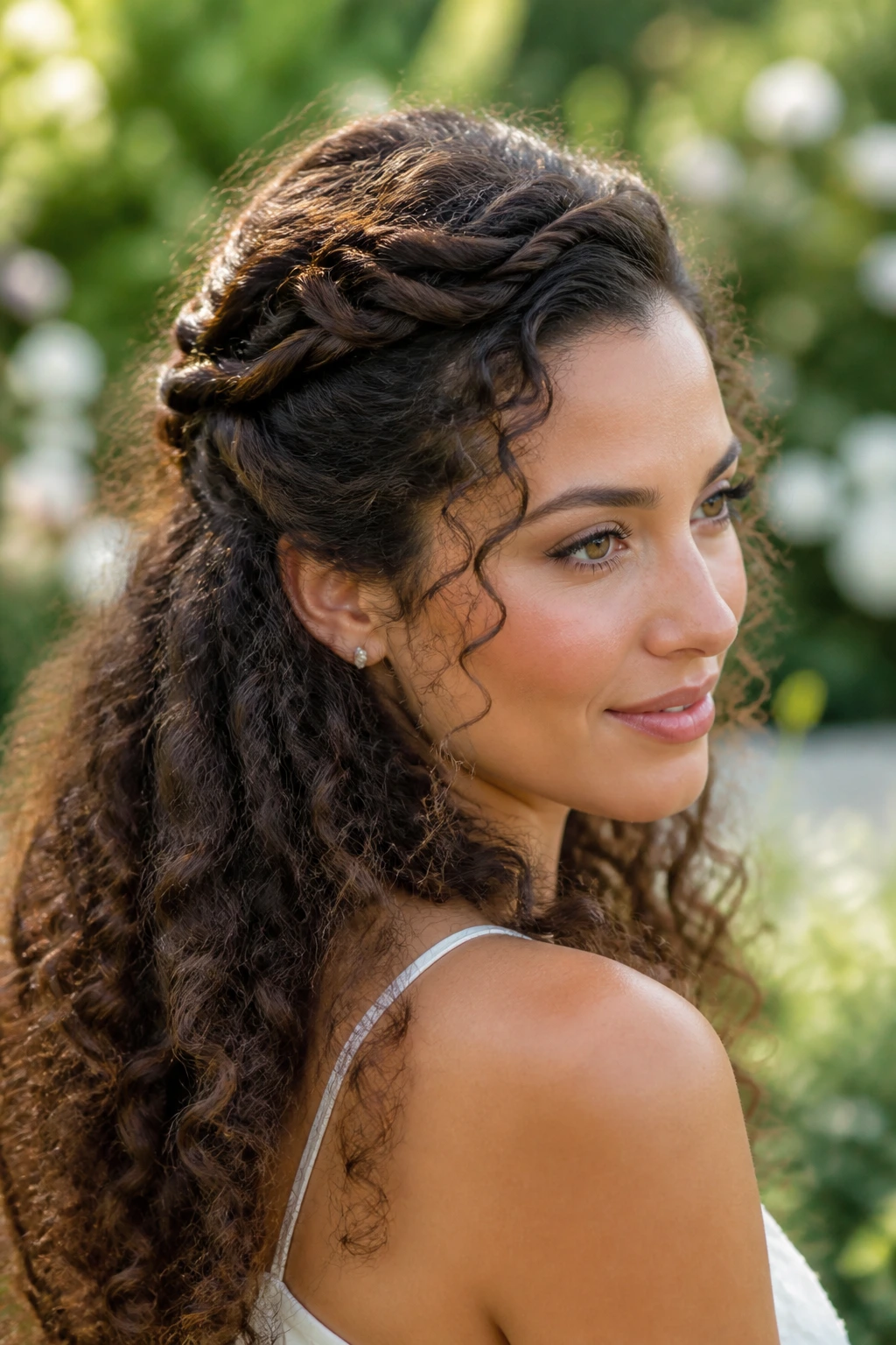 Close-up of a real woman with rope-braid half crown