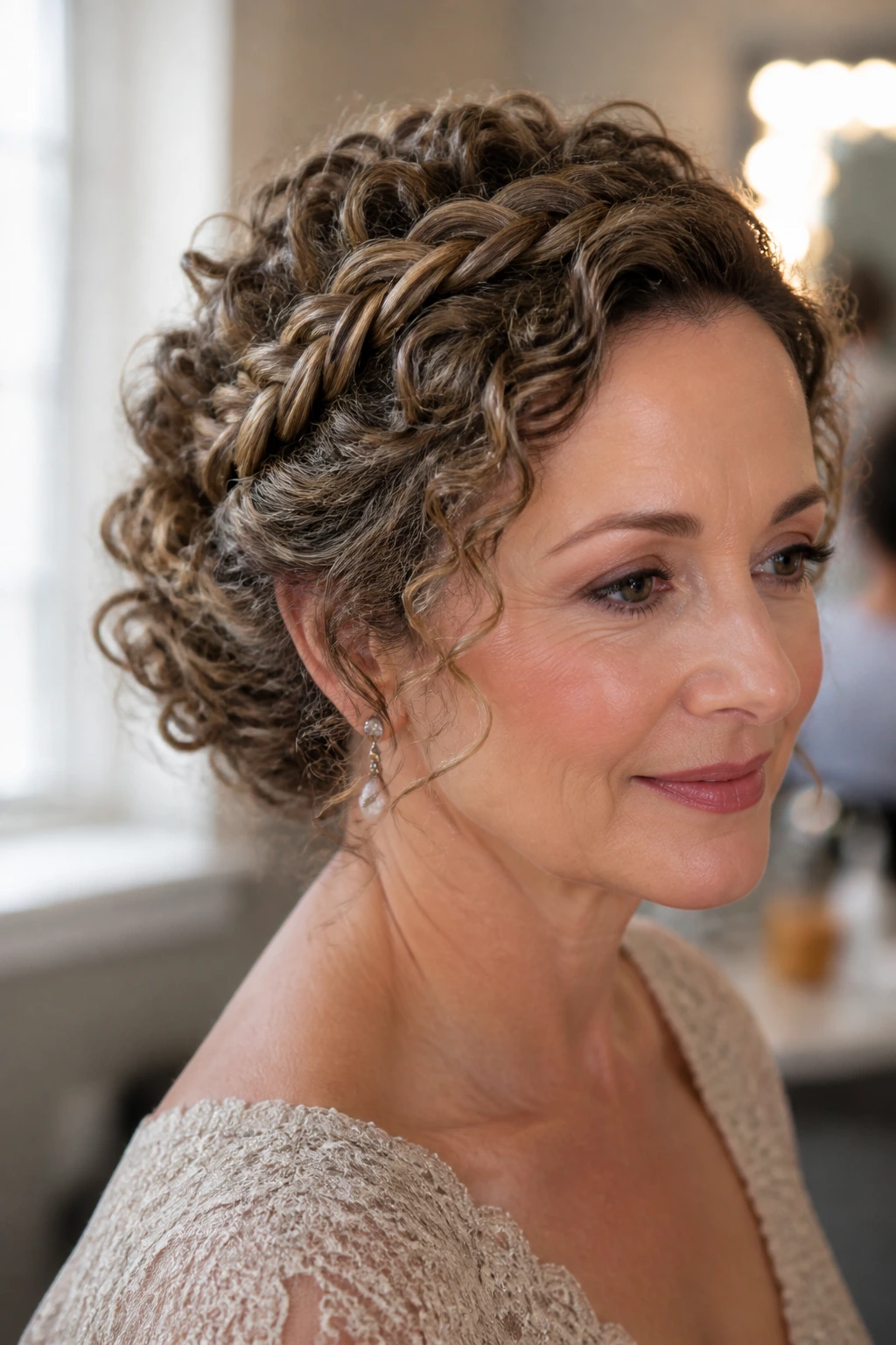 Close-up of a real woman wearing a rope-braid crown in a wedding-prep setting