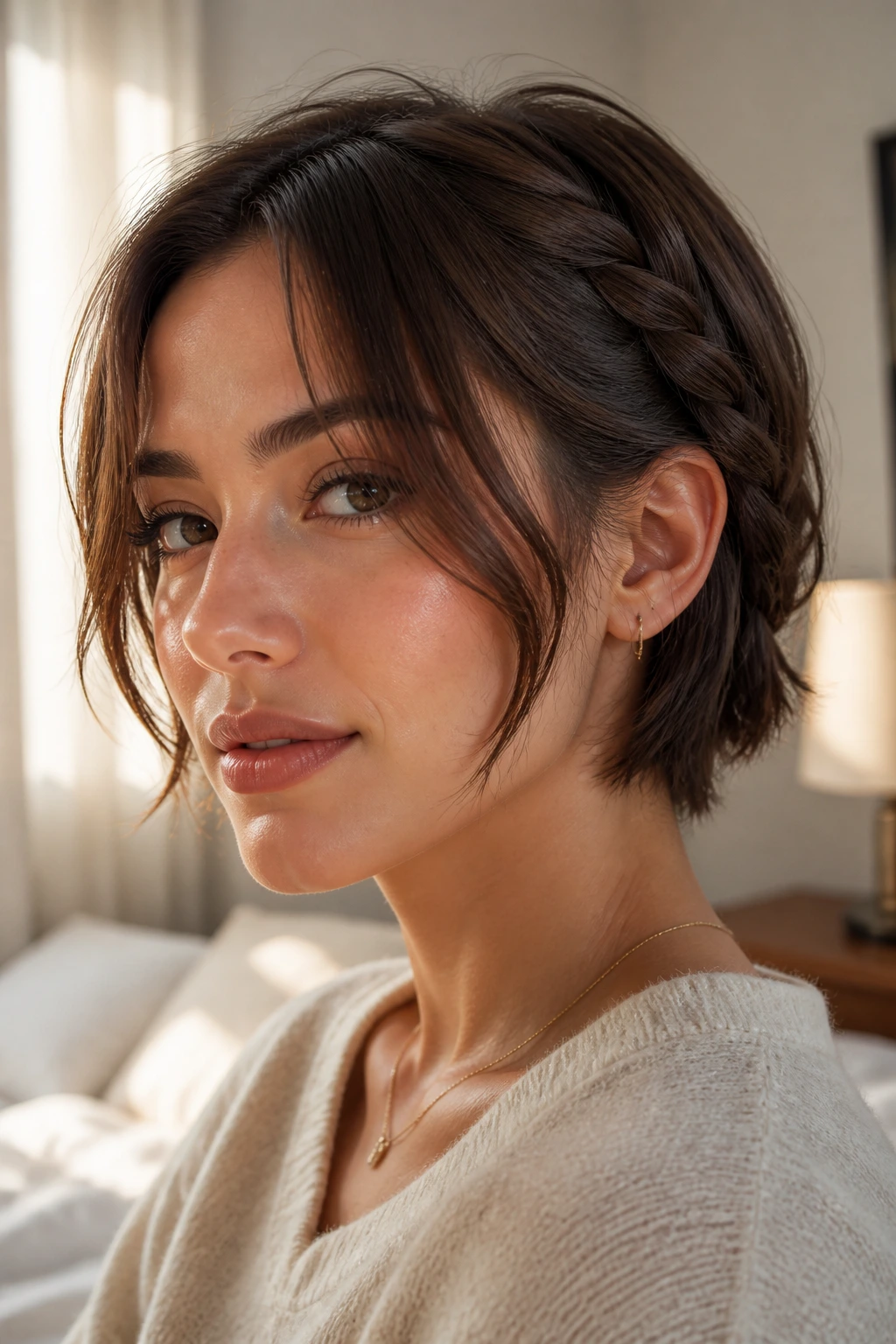 Close-up of a woman with a rope-braided side sweep and curtain bangs in soft window light