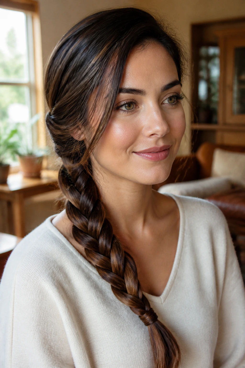 Portrait of rope braid over one shoulder on a real woman.