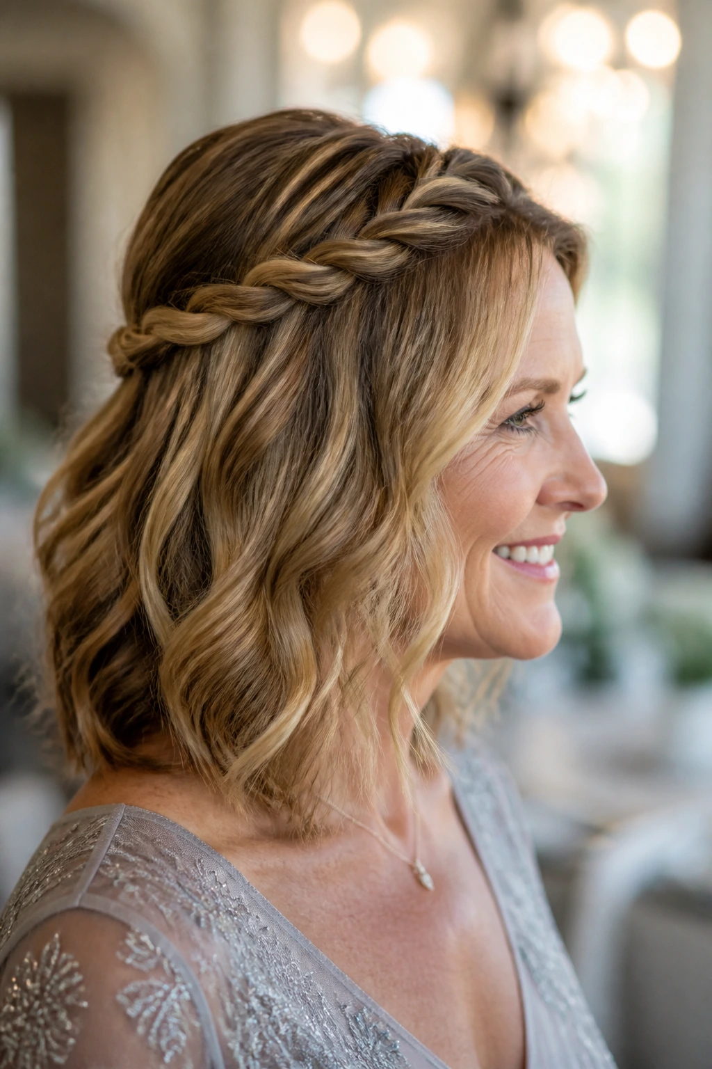 Close-up of a real woman wearing a rope braid half crown on shoulder-length hair