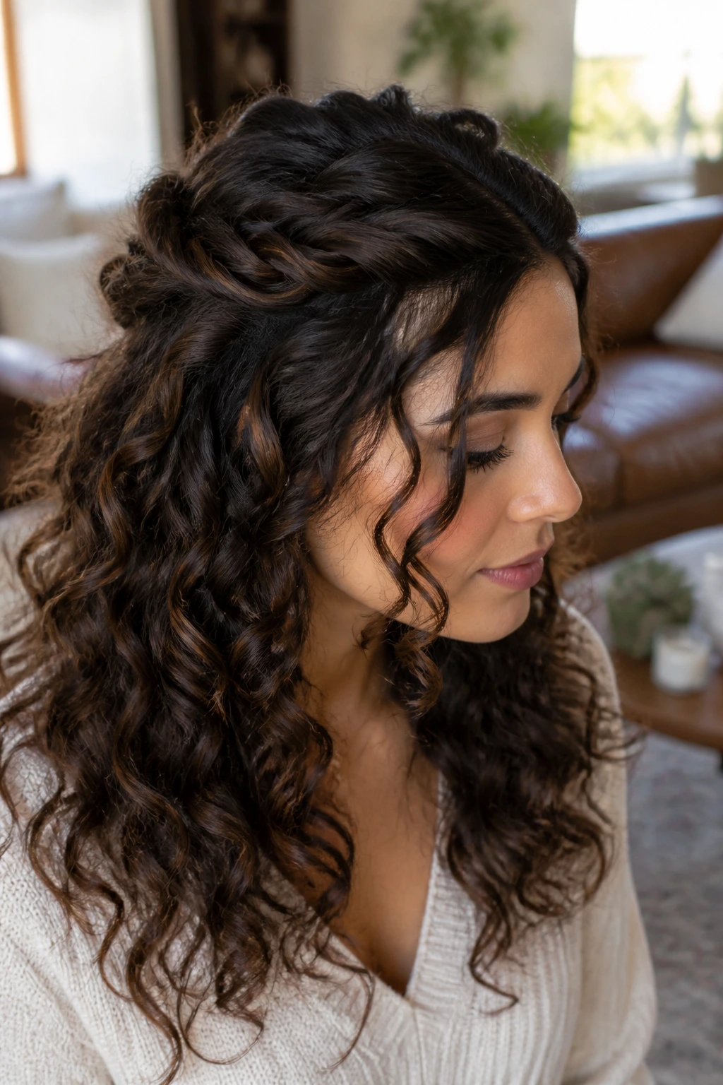 Portrait of a woman with a rope-braid half-up style and voluminous curls.