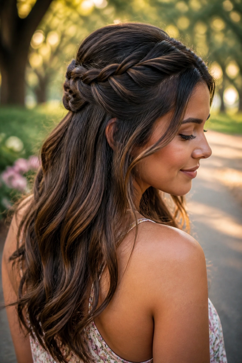 Portrait of a real woman with rope-braid half-up hairstyle in a sunlit park
