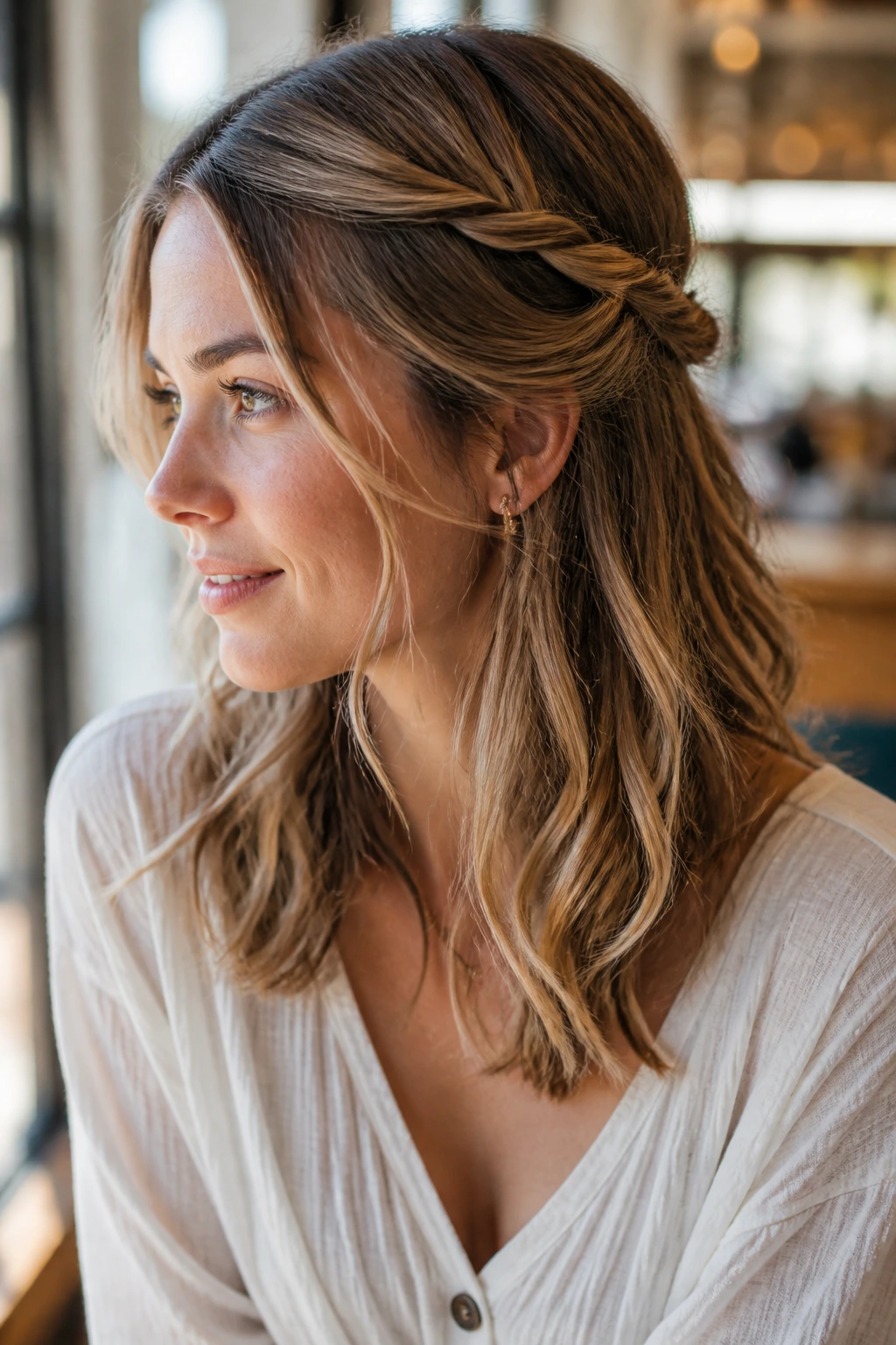 Close-up of a real woman with rope braids forming a half-up style