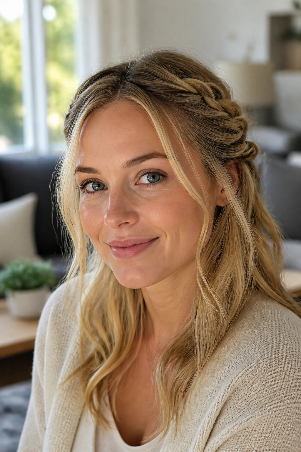 Close-up of a real woman with rope braid half-up, twists framing the face
